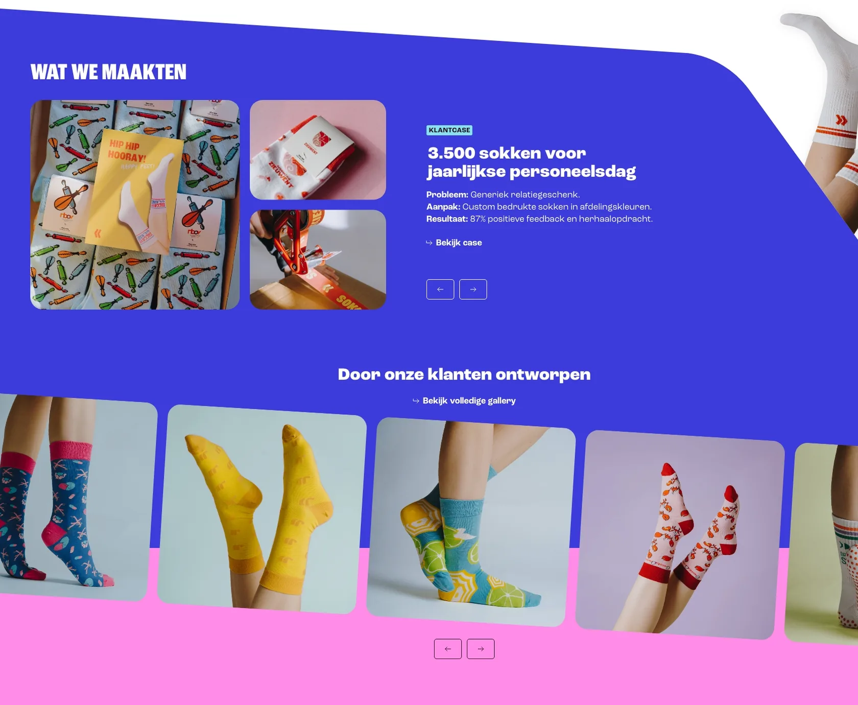 Werkwijzepagina van Sokkies met een uitgelichte klantcase en een galerij van door klanten ontworpen sokken