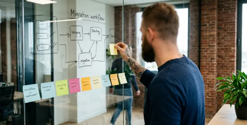 Two developers mapping a hosting migration workflow on a whiteboard with DNS, database and file transfer steps