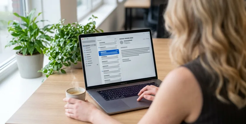 Person at a desk forwarding a suspicious email from a laptop