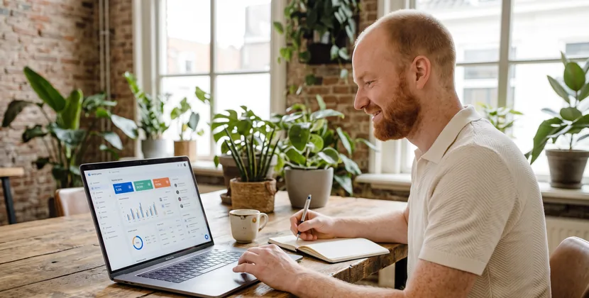 Person working on a laptop and making notes in a notebook during a monthly check