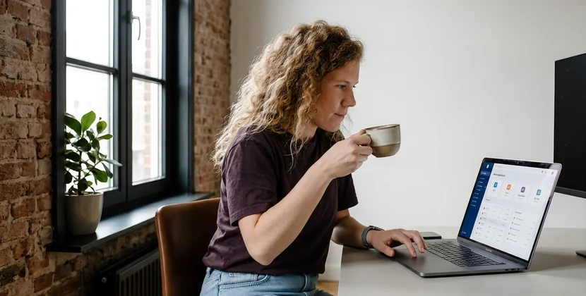 Webshop owner reviewing monthly sales split between channels on a laptop at an office desk