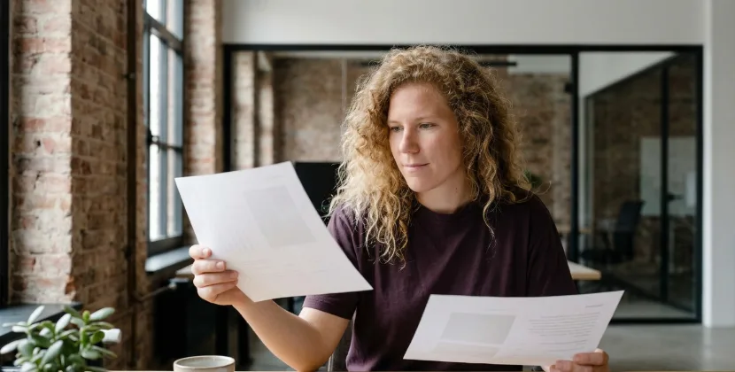 Developer weighing two printed sheets against each other while deciding between refactor and rebuild