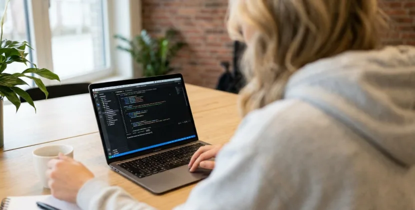 Blik over de schouder van een developer die in een code-editor op een laptop werkt voordat een site wordt bijgewerkt