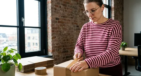 Webwinkelier aan een inpaktafel sluit een pakket en kijkt naar de pakbon