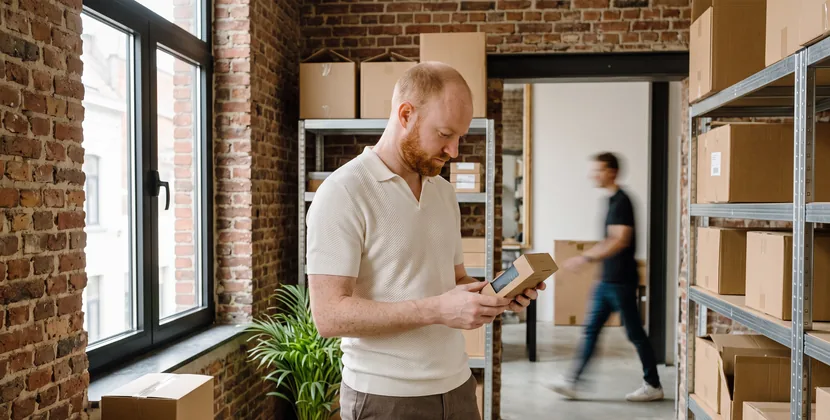 Ondernemer aan een bureau rekent een uitgeprinte kostenafrekening na met een rekenmachin