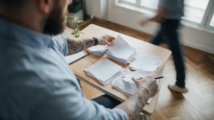 Content strategist grouping printed page titles into topic piles on a desk