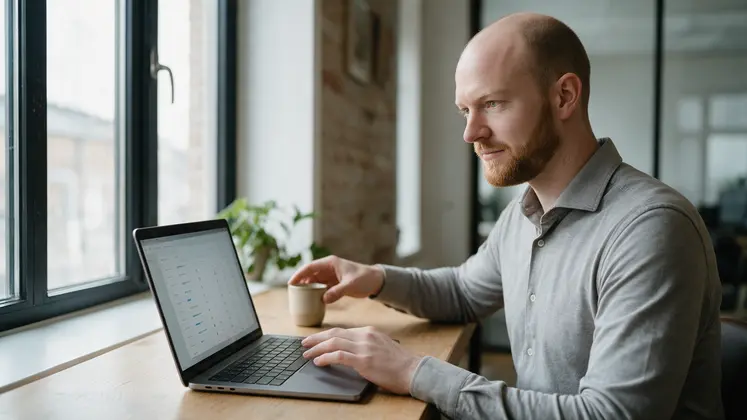 Website manager checking search data on a laptop at a quiet desk