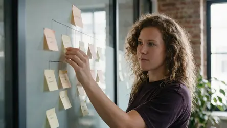 Marketer moving a sticky note higher in a page hierarchy on a glass wall