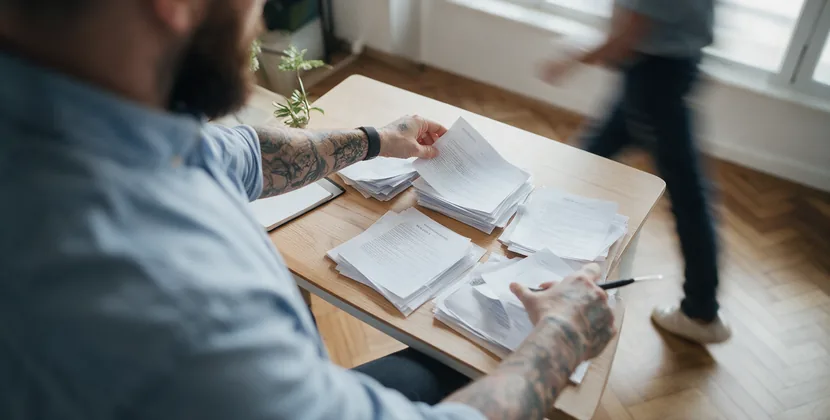Contentstrateeg sorteert uitgeprinte paginatitels per onderwerp op een bureau