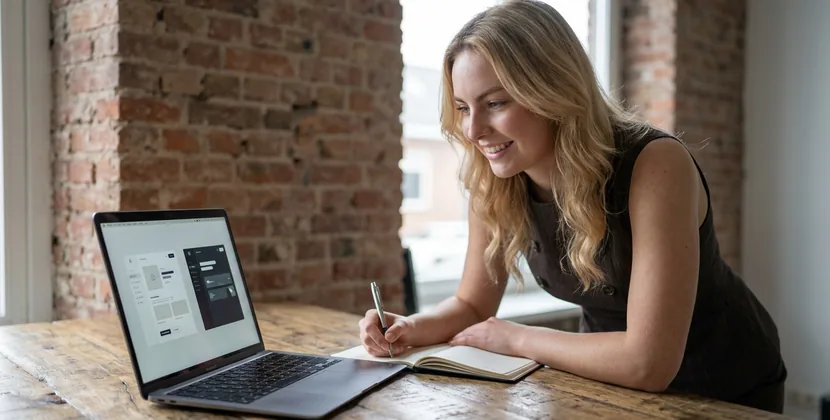 SEO specialist vergelijkt sitestructuren op een laptop en maakt aantekeningen