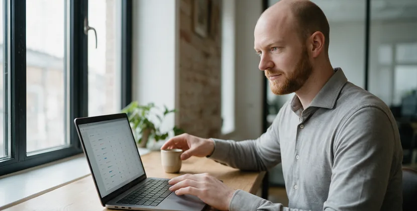 Websitebeheerder controleert zoekdata op een laptop aan een rustig bureau